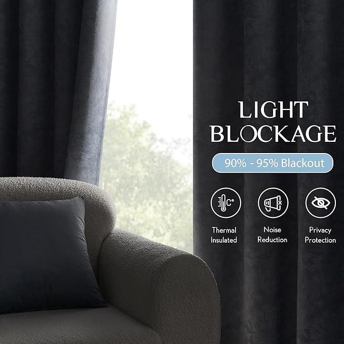 Beauoop Blue Floral Jacquard Blackout Curtains 84 Inches Long 2 Panels for Bedroom Living Room Chenille Flower Room Darkening Thermal Insulated Soundproof Rod Pocket Back Tab Window Drapes, 52x84