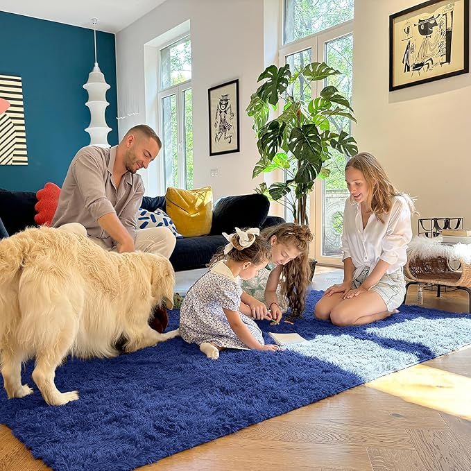 OLANLY 2x4 Machine Washable Runner Rugs for Hallway, Soft Fluffy Shaggy Bedside Rugs for Bedroom, Living Room, Indoor Floor Carpet for Kids Girls Boys, Nursery Rooms, Home Decor Aesthetic, Navy Blue