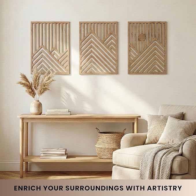 qmmp Modern Wooden Wall Sculptures - Set of 3 - Home Decor Accent - Large Wall Art for Living Room, Bedroom, Office - Easy Installation (Oak, Large - Mountain and Sun)