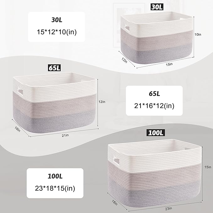 Blanket Basket,Rectangle Woven Baskets for Storage,65L Laundry Basket for Decorative Nursery Blanket,Toys,Dirty Clothes and Magazine in Shelves,Baby Room,and Living Room