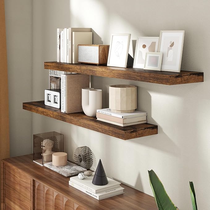48 Inch Floating Shelves for Wall, 8 Inch Deep Floating Shelf for Storage & Display, Wall Mounted Shelf with Invisible Brackets for Living Room, Kitchen, Bathroom, Home Decor, Set of 2, Rustic Brown