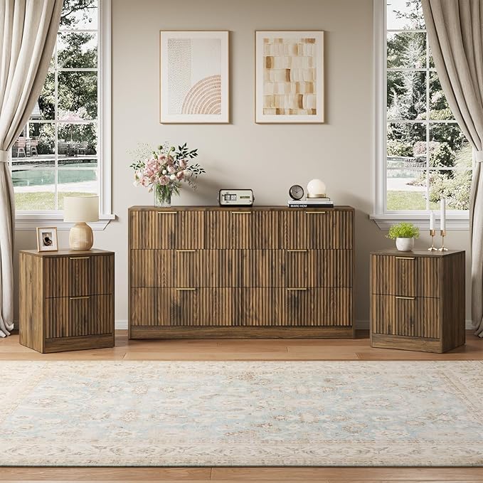 7 Drawer Dresser & Nightstand Set 3-Piece, 55” Wide Bedroom Dresser and Night Stand Set of 2 with Metal Handle, Fluted Modern Wood Chest of Drawers Storage Dressers Set for Bedroom, Walnut