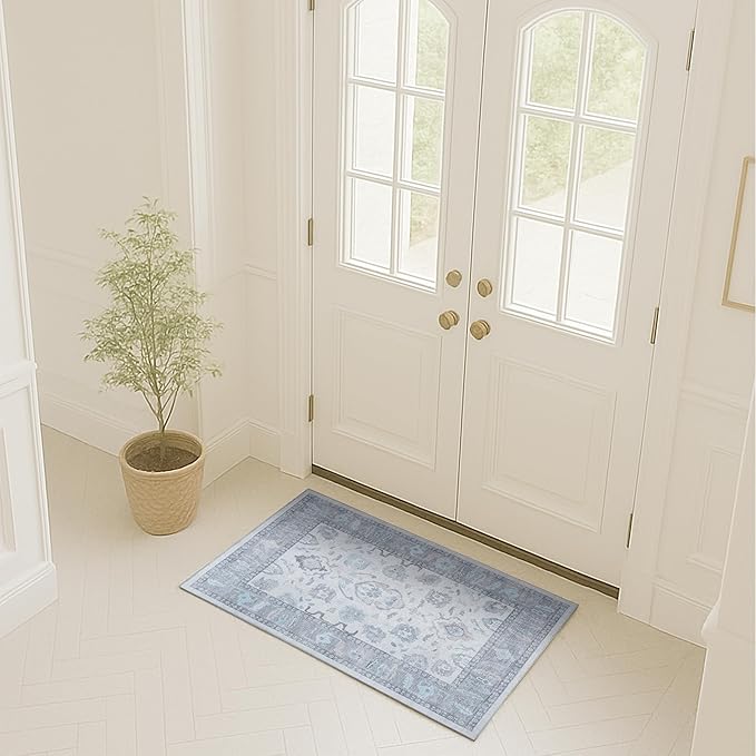 Fame Rugs Gray Modern Oushak Rug 2x3, Vintage Doormat Turkish Colorful Oriental Antique Inspired Washable Small Area Rug, Luxury Living Room Bedroom (384GB, 2' x 3')