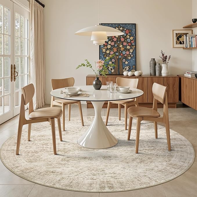 9x9 Beige Round Rug 9ft Living Room Circle Rug Vintage Round Area Rug Non Slip Indoor Carpet for Apartment