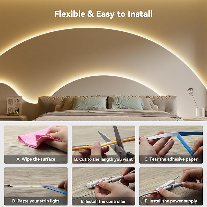 PAUTIX COB LED Strip Lights with RF Remote,UL Listed Dotless LED Lights Dimmable 3000K Warm White,Super Bright 32.8ft Flexible 24V LED Tape Light,for Kitchen Cabinets,Bed,Office Stairs Indoor Lighting