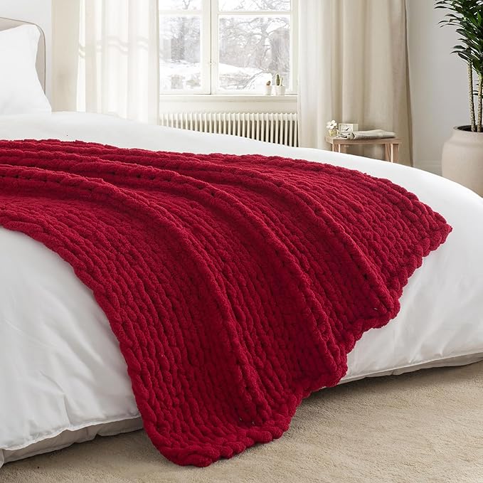 Chunky Knit Throw Blanket 50"X 60", 100% Handmade with Soft Chenille Yarn, 4.4lbs Thick Cable Knitted Blankets, Large Rope Knot Crochet Throws for Couch Sofa Bed Home Decor, Red