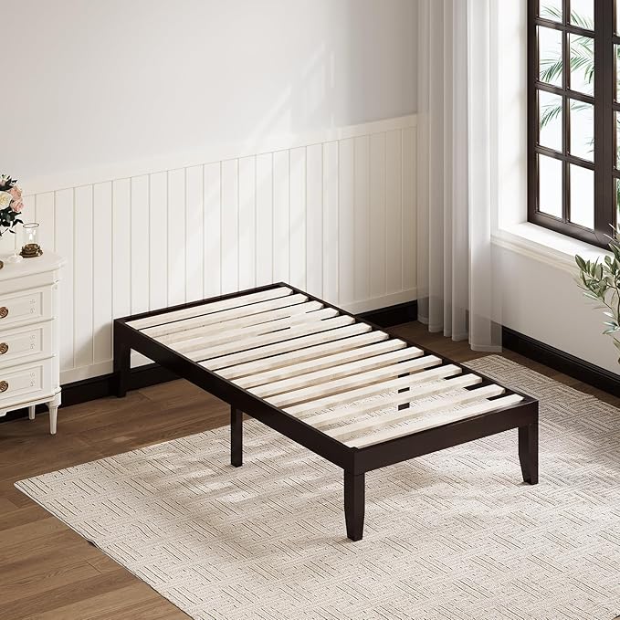 Giantex 14 Inch Twin Wood Platform Bed Frame, Minimalist Mattress Foundation with Solid Rubber Wood, Heavy Duty Wood Slat Support, Without Headboard, Easy Assembly, No Box Spring Needed, Espresso