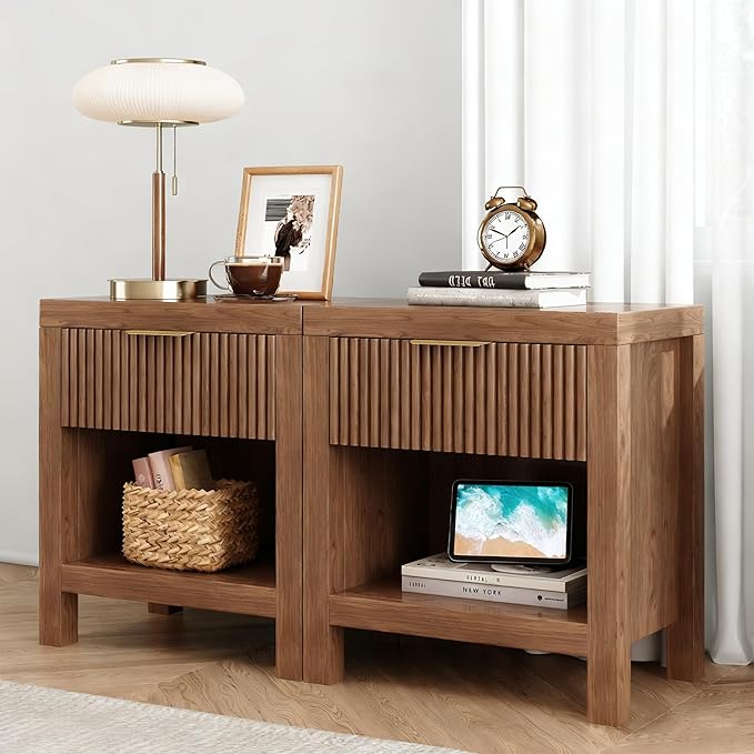 Nightstand Set of 2, End Table with 2 Drawers, Modern Bed Side Table with Storage, Farmhouse Fluted Cabinet Bedside Cabinet for Bedroom Living Room Sofa Couch Office (Walnut-2)