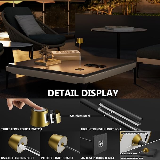 Modern LED Color-Changing Cordless Table lamp, 7 Colors, metal Shade, Touch control with sleep mode for Restaurant, Bedroom, Outdoor Camping, Night Light, Rechargeable (Antique Brass&Black 1 PACK)