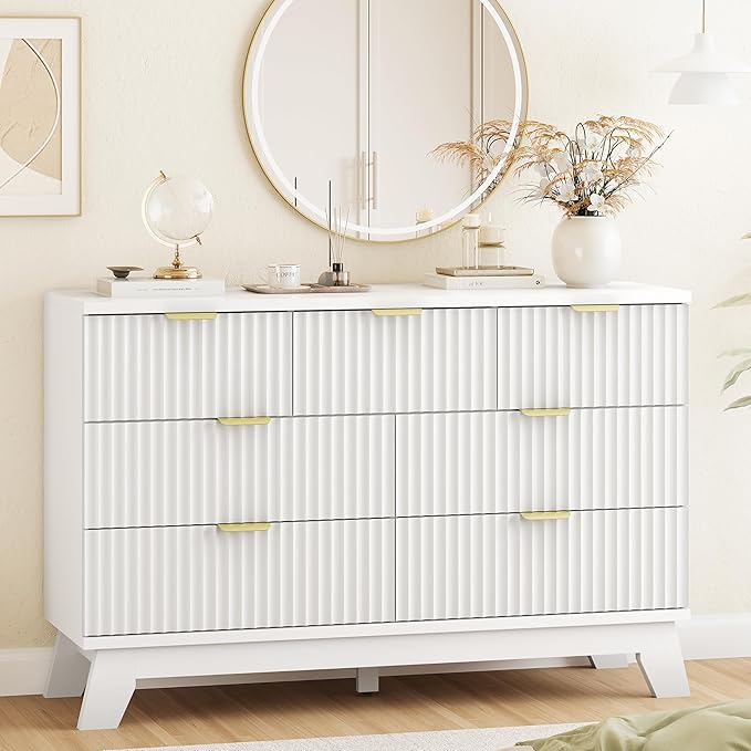 Fluted Dresser for Bedroom with 7 Drawers, 48" Wide Modern Chest of Drawers with Metal Handle, Wooden Dresser TV Stand, Wood Closet Clothes Storage Organizer for Living Room, Hallway, White