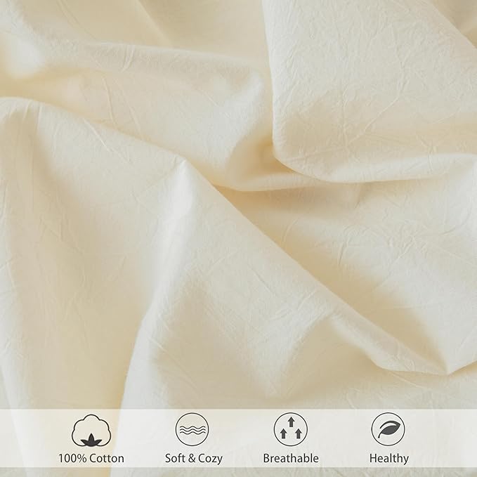 MooMee Fitted Bottom Sheet Only 100% Washed Cotton Linen Like Textured Breathable Durable Soft Comfy Deep Pocket Fits Mattress up to 17" (Cream White, King