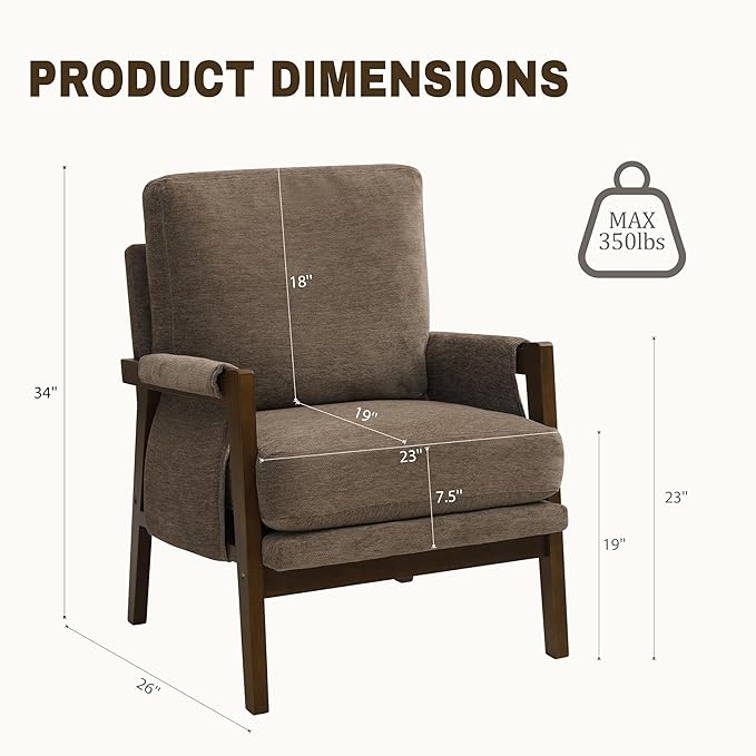 Dark Brown Accent Chair for Bedroom & Living Room, Mid Century Modern Accent Arm Chair, Upholstered Anthropologie Accent Chair with Solid Wood Frame, Fabric