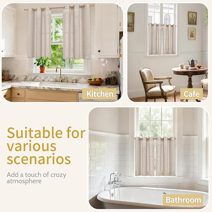 YoungsTex Linen Cafe Curtains 36 Inch Length with Grommet, Half Window Drapes Light Filtering Semi Sheer for Kitchen Bathroom Small Window, 2 Panels, 34 X 36 Inch
