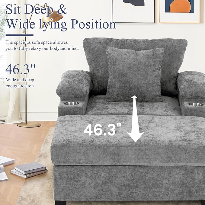 SUNWAVE 58" Chaise Lounge Chair with Ottoman, Chenille Fabric Sofa Bed, Accent Chair with Cupholders & USB Charging Ports for Living Room, Bedroom, Apartment (1 Chaise Misty Gray)