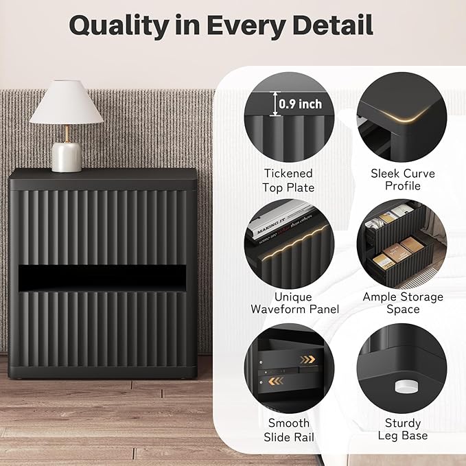 Dripex Fluted Nightstand with 2 Drawers, Large Wide Wood Night Stand Bedside Tables for Bedroom, Mid-Century Modern Storage Bed Side Table, End Tables for Living Room Sofa Couch, Black, Set of 1