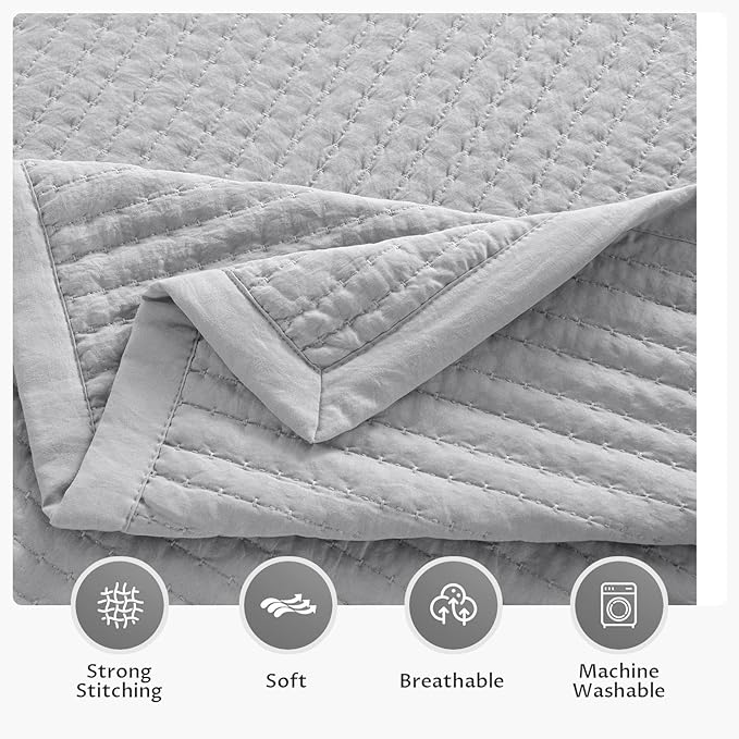 KASENTEX King XL Quilt Set 108"x98" – Soft Washed 3-Layer Lightweight Bedspread, Minimalist Nordic Design, All-Season Spring & Summer Quilt Set (1 Quilt + 2 Pillow Shams), Gull
