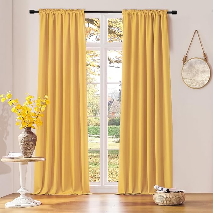 DONREN Extra Long 108 inch Length Blackout Curtains for Large Windows,Rod Pocket Soft and Touching Living Room Sweep to Floor for Villa (Yellow,2 Pack,52 W by 108 inches Long)