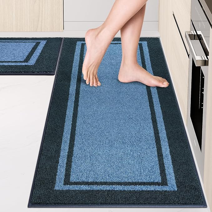 Kitchen Rugs Set (24" x 36"+24" x 60"), Non-Slip Machine Washable Kitchen Runner Rugs Floor Mats, Absorbent Comfort Standing Mats for Kitchen, Laundry and Hallway, Rolled Packaging, Light Blue & Navy