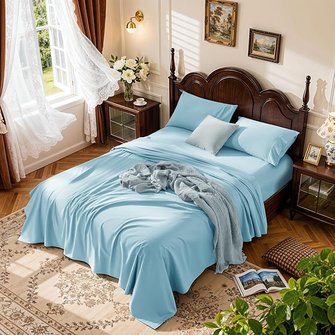 LBRO2M 1000 Thread Count 100% Egyptian Cotton Sheets Set Queen Size, 4 Piece Sets Bed Sheet Deep Pocket Sheet Set 16" Soft Comfortable All Season (Queen, Light Blue)