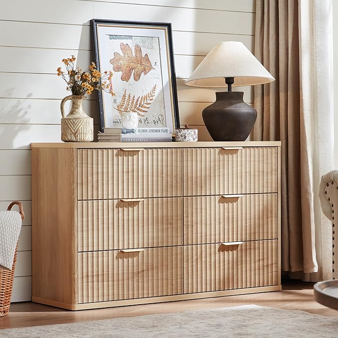 LEYAOYAO 48" Wide Fluted Dresser and 23" Nightstand Set of 2, Wooden Dresser & Night Stand with Charging Station, 3 Piece Bedroom Furniture Set, Chest of Drawer for Living Room,Natural Wood