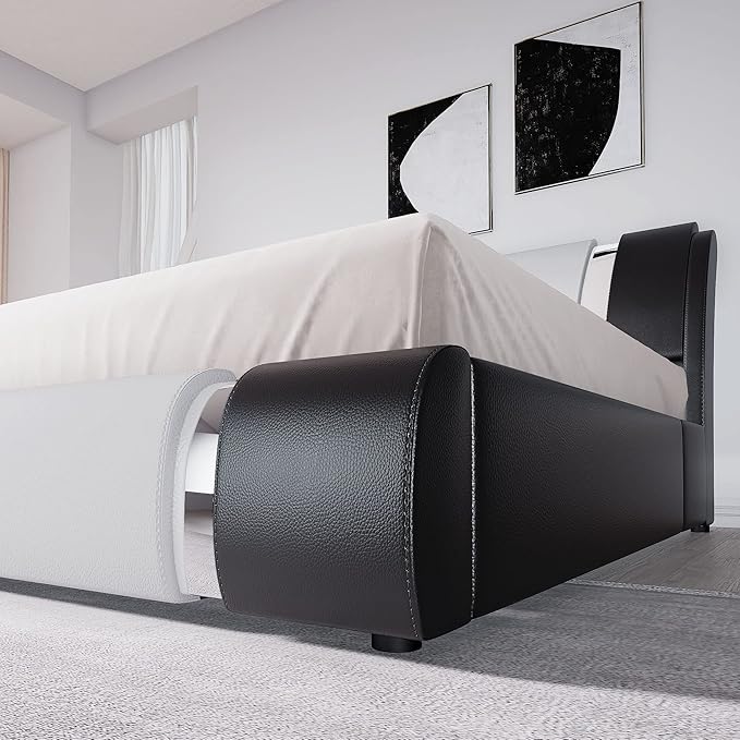 Allewie King Size Bed Frame with Iron Piece Decor, Faux Leather Upholstered Platform Bed with Curved Adjustable Headboard, Wooden Slats Support, No Box Spring Needed, Modern Black and White