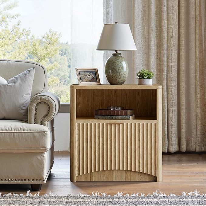 Evermagin Fluted Nightstand Set of 2, Natural Oak Bedside Table with Drawer and Storage, Wood End Table Mid Century Modern, Large Night Stand for Bedroom