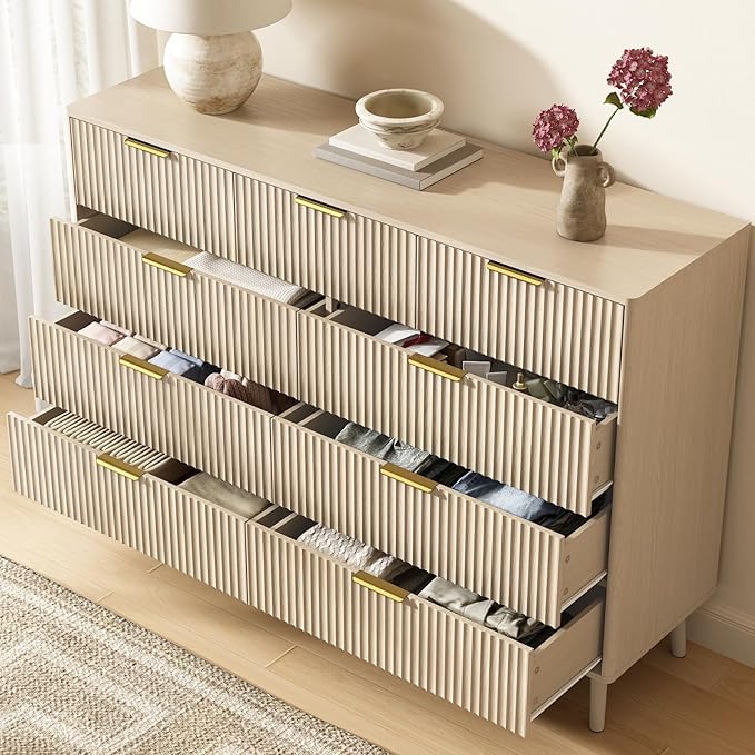 CARPETNAL Fluted 9 Drawer Dresser for Bedroom, 55" Wide Wooden Chest of Drawers with Rounded Corners, Gold Handles, Modern Storage Organizer for Bedroom, Hallway (Beige)