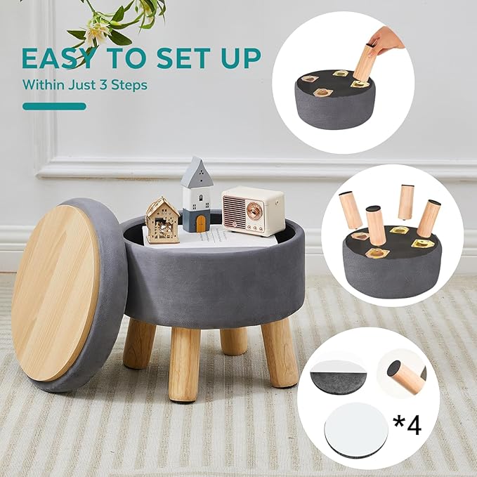 FIMIVIBI Small Foot Stool Ottoman with Storage, Velvet Ottoman Foot Rest for Couch, Round Footstool with Storage, Small Ottomans and Footstools for Living Room and Entryway (Gray)
