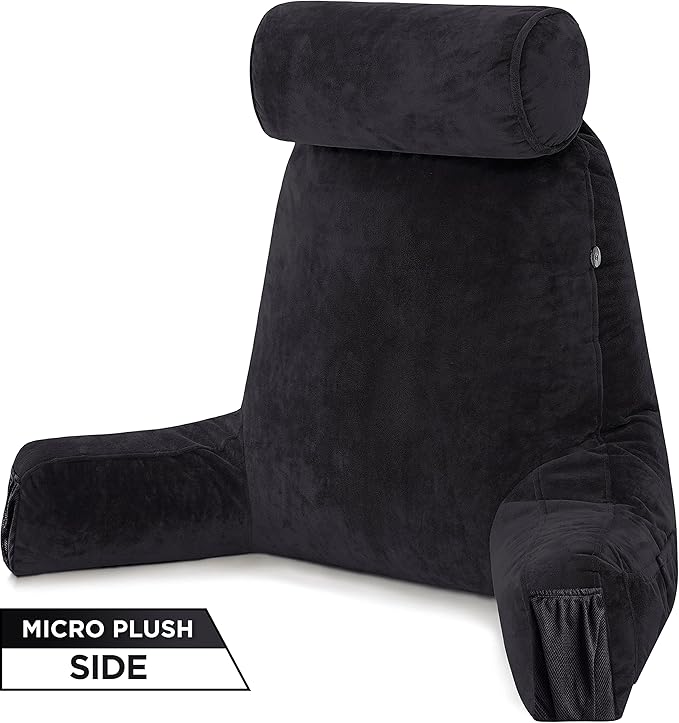 Husband Pillow Medium Aspen Edition Stable Black, Sit Up Reading & Bed Rest with Arms, Ultra-Comfy, Detach Neck Roll - Premium Shredded Memory Foam Backrest, Reverses to Micro: Suede or Plush