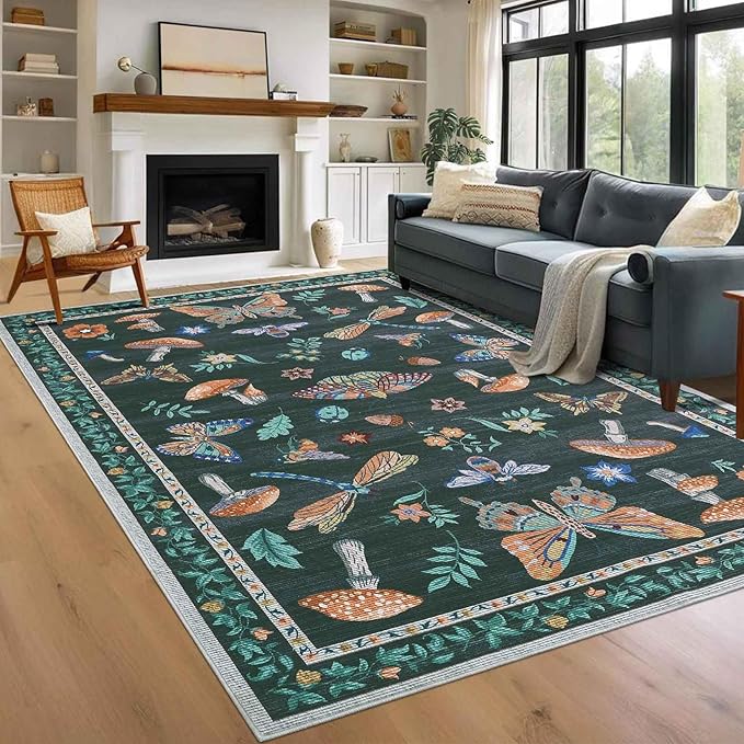 Mushroom 10x13 Area Rug for Living Room Washable Non Slip Forest Soft Low-Pile Stain Resistant Thin Large Throw Carpet for Bedroom Dining Room Office Black