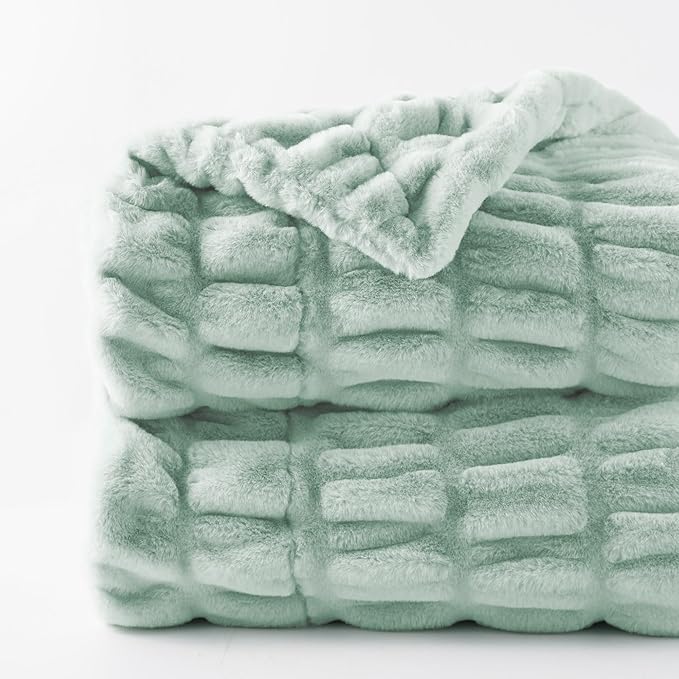 BATTILO HOME Faux Fur Throw Blanket for Couch, Super Soft Cozy Blanket, Double Side Ruched Rabbit Fur Blanket for Bed, Living Room, 60"x80", Sage Green