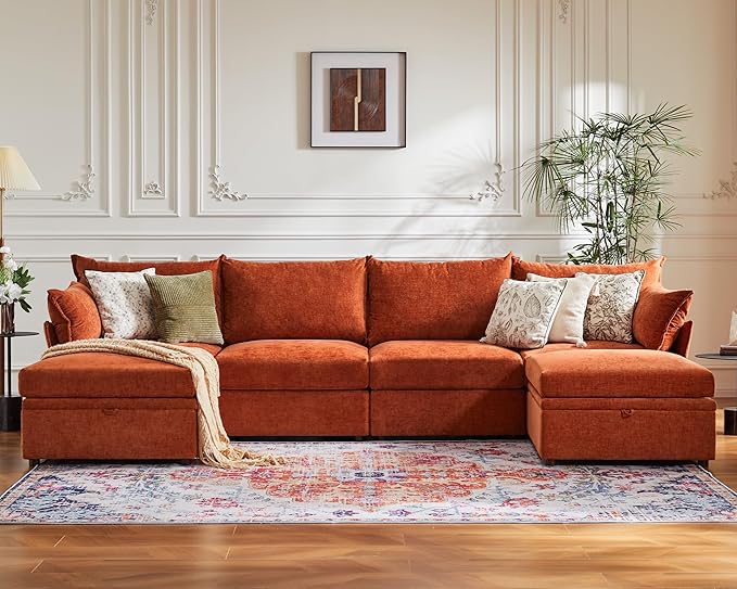 ABCASA 134.6" Oversized Modular Sectional Sofa, 6 Seater U Shaped Couch with Storage Ottoman with Reversible Chaise Deep Seat for Living Room, Apartment - Chenille Terracotta Orange