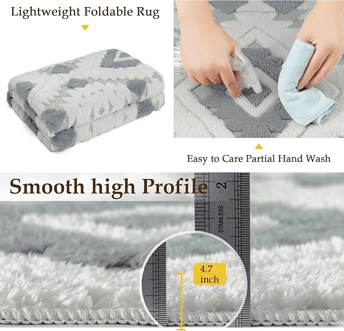 Ivory Grey 8x10 Area Rug Washable Living Room Moroccan Shag Carpet Non Slip Soft Neutral Boho Plush Pile Large Throw Rug for Office Bedroom Dining Room Playroom