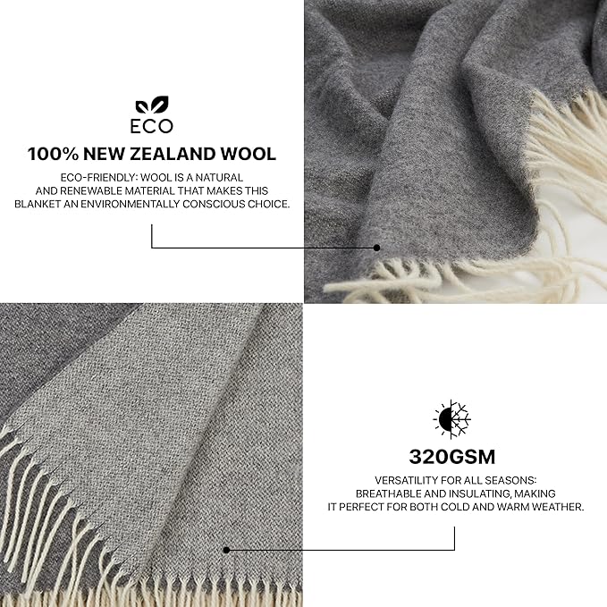 | Wool Blanket/Throw | 100% New Zealand Wool | Perfect for Home and Outdoors | Virgin Wool Throw with Fringes 75"x87" (190 x 220 cm)