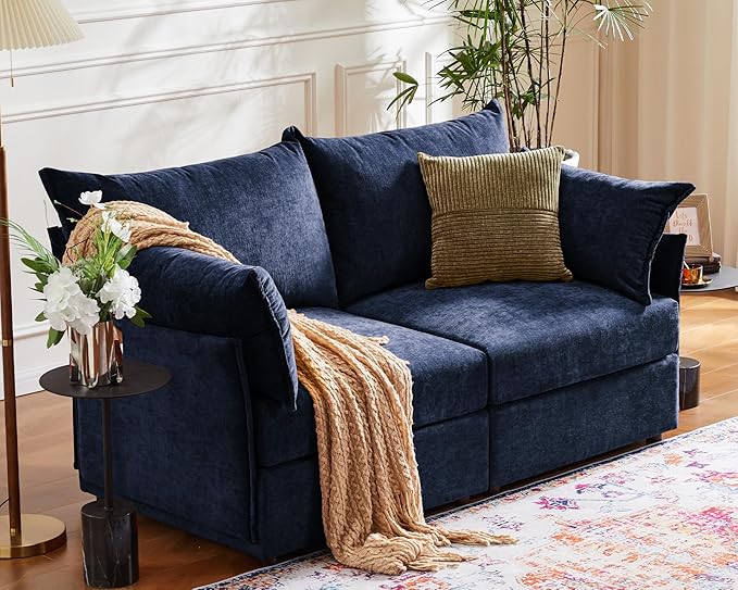 ABCASA Oversized Loveseat Sofa, Modern Modular Sectional Couch Blue Fluffy Chenille Mid Century 2-Seat 24.5" Deep Seat for Apartment, Living Room, Bedroom