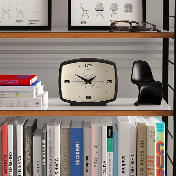 JONES CLOCKS® Film Desk Clock | Retro Rectangular Design | Black | Retro Design, Blending mid Century Style with a Punchy Modern Finish for Shelf, Table, Mantel or Bedside