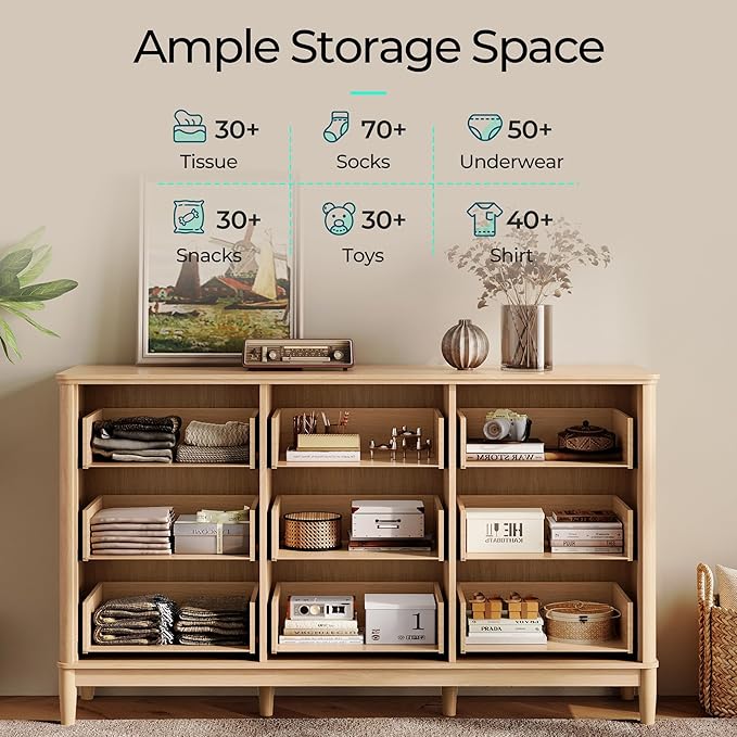 LINSY Rattan 9 Drawer Dresser for Bedroom, 58" Wide Mid-Century Modern Tall Chest of Drawers, Deep Storage Dresser with Curved Corner Design, Large Accent Wood Cabinet for Bedroom, Oak
