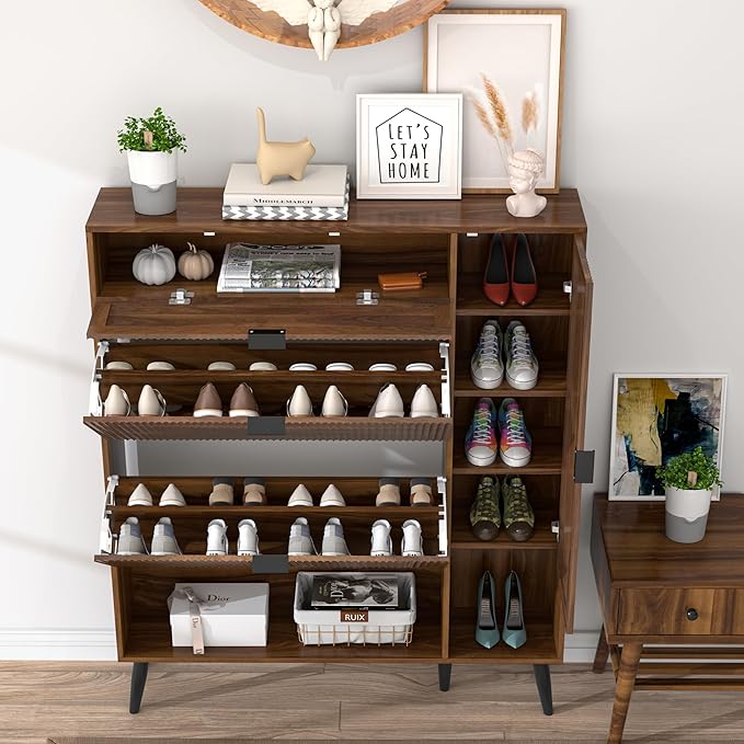 Shoe Storage Cabinet with 2 Flip Drawers, Narrow Shoe Cabinet for Entryway, Freestanding Slim Hidden Shoe Organizer Cabinet with Doors, Adjustable Shelf, Open Storage Space (Walnut)