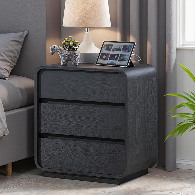Modern Black Nightstand with Charging Station, 25" Tall Wood Bedside Table, End Table with 3 Storage Drawers, Curved Profile Night Stand for Bedroom, Dorm, Sofa, Office