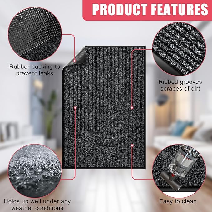 Kuyal Front Door Mat, 4'x6' Indoor Outdoor Entrance Mat, Commercial Floor Mats Inside Outside Entrance, Heavy Duty Durable Welcome, Rubber Backing Non Slip Outdoor Mats for Entryway,Black