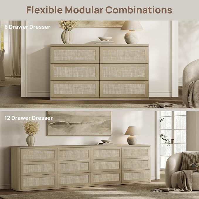 SICOTAS Dresser for Bedroom - 75" Wide 9 Drawer Dresser Rattan Dressers & Chests of Drawers Boho Drawers for Bedroom Bedside Table Clothes Long Closet Storage for Closet Hallway Entryway