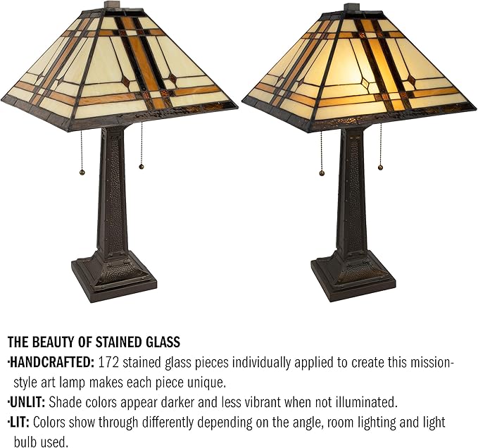 Lavish Home Tiffany-Style Table Lamp – Mission-Design Art Glass Lighting with 2 LED Bulbs Included – Vintage-Look Handcrafted Room Décor (Brown)