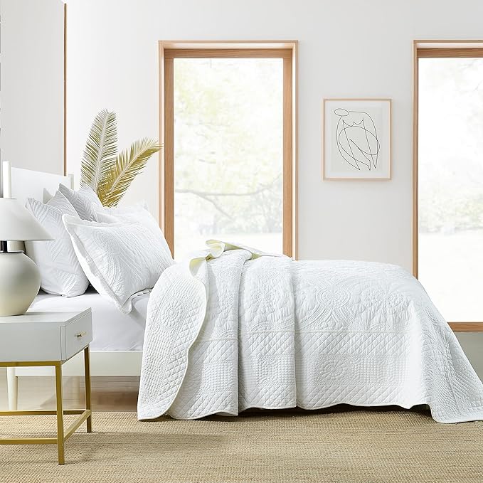 MarCielo 100% Cotton Quilt Set - 3-Piece Embroidered Farmhouse Bedspread & Shams, All-Season Breathable Bedding (Tf Bright White,Queen)