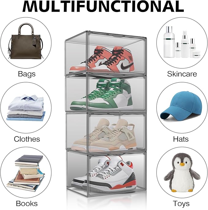 1 Pack Shoe Organizers Storage Boxes for Closet Size 12.5 Shoe Box Clear Stackable Storage Bins with Lids, Under Bed Shoe Containers for Entryway, Grey