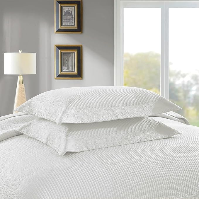 MarCielo 100% Cotton Quilt Set - 3-Piece Embroidered Farmhouse Bedspread & Shams, All-Season Breathable Bedding(TG Bright White,King)