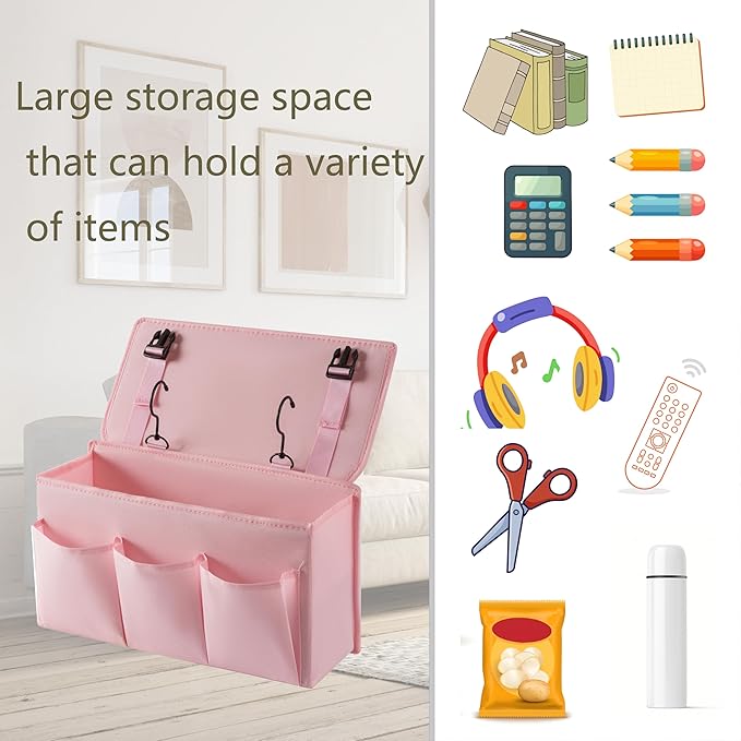 LASAMOLL Bedside Caddy Bedside Storage Organizer,Bed Caddy With Thickened Material Suitable for Homes, Dormitories, Hospitals, Cribs, RVs，Great for Magazines,Books,Remote, Phone (Pink)