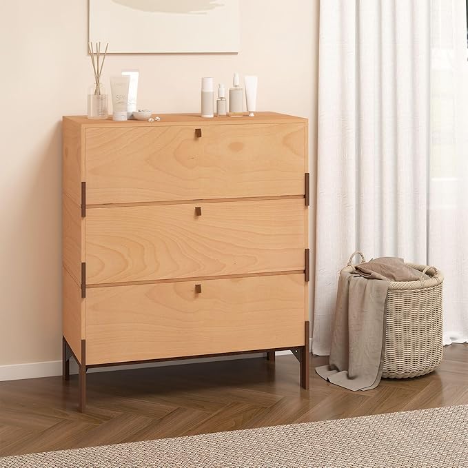 Stackable 3 Drawers Dresser, Customizable Chest of Drawers for Bedroom, Living Room, Hallway, Entryway, Closet, Easy Assembly Wood Furnitures Cabinet, 30 inch Width Beech Color