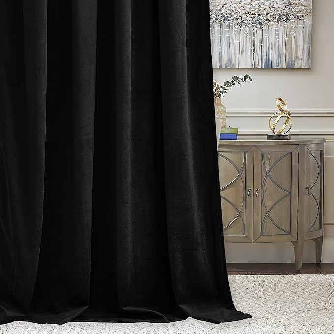 RYB Home Black Velvet Curtains 84 inches - Blackout Heavy Duty Curtains Soft Luxury Back Tap Window Covering Privacy Protection for Kids Room Bathroom Basement, Black, W52 x L84 inches, 2 Panels