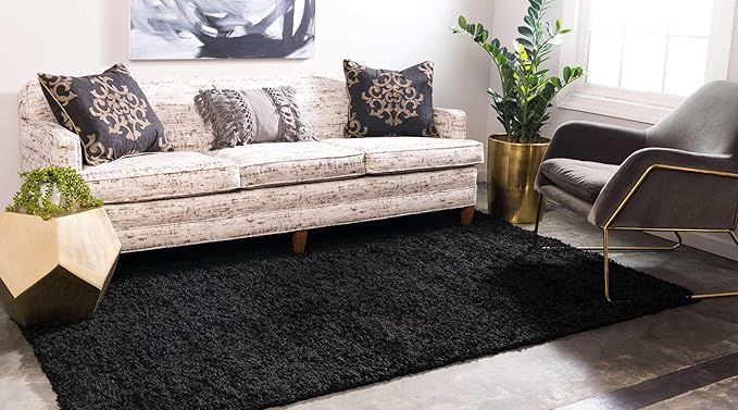Unique Loom Solid Shag Collection Area Rug (7' 10" x 10' Rectangle, Jet Black)