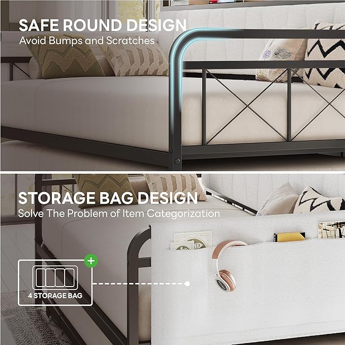 LIKIMIO Daybed with Trundle Bed, Twin Bed Frame with Storage Headboard and Charging Station, Sofa Day Bed with Strong Supports for Living Room, Bedroom, and Guest Room, Cream